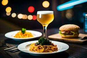 en tallrik av spaghetti och en burger på en tabell. ai-genererad foto