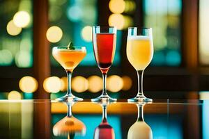 tre annorlunda typer av drycker är visad på en tabell. ai-genererad foto