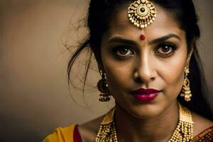 en skön indisk kvinna bär guld Smycken och en röd läppstift. ai-genererad foto