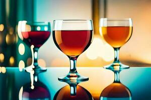 tre glasögon av vin på en tabell med en suddig bakgrund. ai-genererad foto