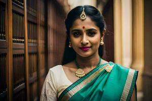 en skön kvinna i en grön sari. ai-genererad foto