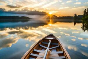en båt på en sjö på solnedgång. ai-genererad foto