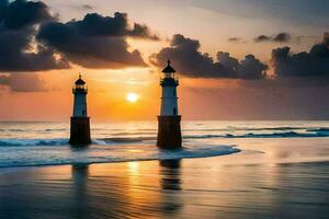 två fyr torn på de strand på solnedgång. ai-genererad foto