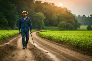 en man gående på en smuts väg i en fält. ai-genererad foto