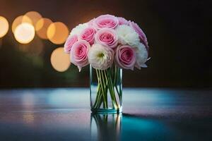 en vas fylld med rosa och vit rosor. ai-genererad foto