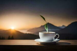 en kopp av kaffe med en växt växande ut av Det. ai-genererad foto