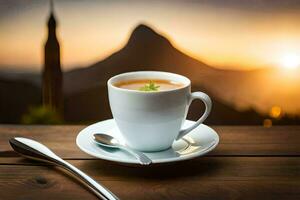 en kopp av kaffe med en se av de berg. ai-genererad foto