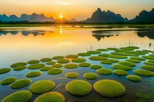 de Sol stiger över en sjö med grön växter. ai-genererad foto