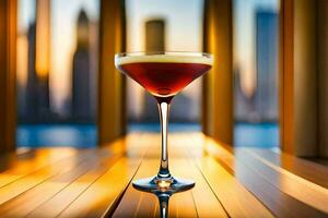 en cocktail i en glas på en tabell i främre av en stadsbild. ai-genererad foto
