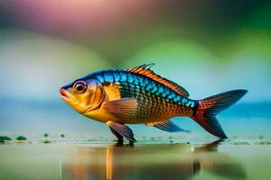 en fisk med ljus blå och orange färger stående på de vatten. ai-genererad foto