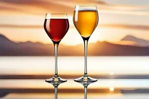 två glasögon av vin är på en tabell med en solnedgång i de bakgrund. ai-genererad foto