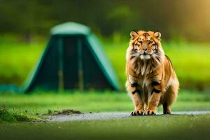 en tiger gående på de gräs i främre av en tält. ai-genererad foto