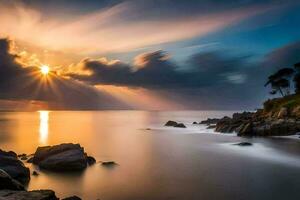 solnedgång över de hav med moln och rocks. ai-genererad foto
