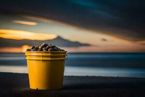 en hink av nötter på de strand på solnedgång. ai-genererad foto