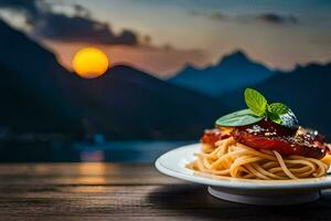 spaghetti med tomat och basilika på en tallrik. ai-genererad foto