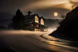 en hus sitter på en flod med en full måne. ai-genererad foto