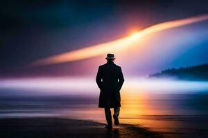 en man i en hatt och täcka gående längs de strand på solnedgång. ai-genererad foto