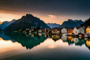 de stad av hallstatt, Österrike, på solnedgång. ai-genererad foto