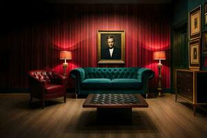 en rum med en röd vägg, en grön soffa, och en målning. ai-genererad foto