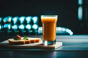 en glas av orange juice med en skiva av bröd. ai-genererad foto