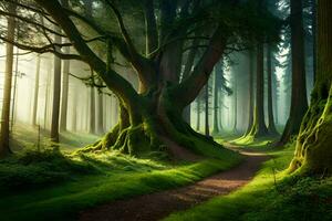 en väg genom en skog med träd och gräs. ai-genererad foto