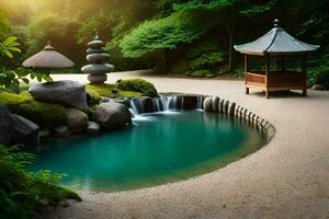 japansk trädgård med vattenfall och pagod. ai-genererad foto