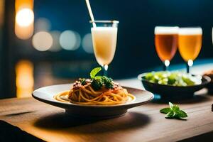 spaghetti och vin på en trä- tabell. ai-genererad foto