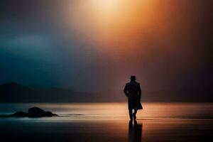 en man i en dike täcka står på de strand på solnedgång. ai-genererad foto