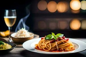 spaghetti med tomat sås och köttbullar på en tallrik. ai-genererad foto