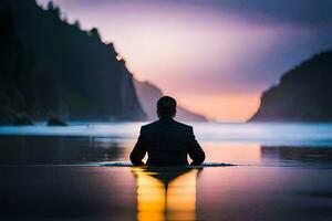 en man i en kostym sitter i de vatten på solnedgång. ai-genererad foto
