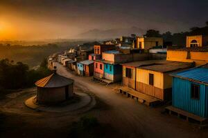 en by på solnedgång med färgrik hus. ai-genererad foto