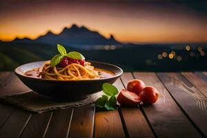 spaghetti med tomat sås och basilika löv på en trä- tabell. ai-genererad foto