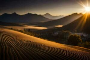 soluppgång över de sand sanddyner. ai-genererad foto