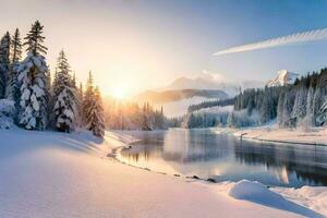 en snöig landskap med träd och en flod. ai-genererad foto