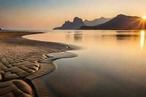 de Sol stiger över en strand och berg. ai-genererad foto