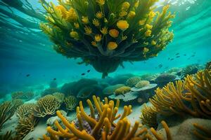 en korall rev med många annorlunda typer av koraller. ai-genererad foto
