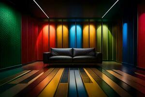 en svart läder soffa i en rum med färgrik väggar. ai-genererad foto