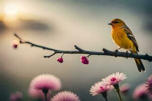 en gul fågel sitter på en gren med rosa blommor. ai-genererad foto