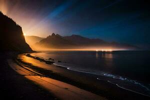 de Sol lyser ljust över en strand på natt. ai-genererad foto