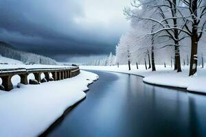 en flod kör genom en snöig fält. ai-genererad foto