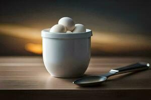 ägg i en kopp och sked på en tabell. ai-genererad foto