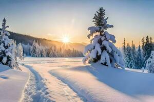 snö täckt träd i de vinter- Sol. ai-genererad foto