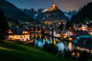 Foto tapet de himmel, berg, vatten, hus, berg, sjö, schweiz, al. ai-genererad