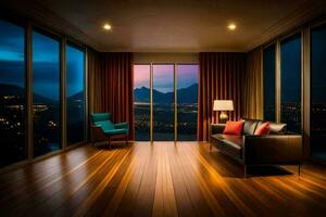 en levande rum med en se av de bergen på natt. ai-genererad foto