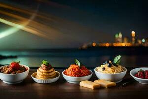 en tabell med skålar av mat och en stad horisont i de bakgrund. ai-genererad foto