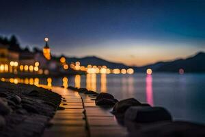 en stad på natt med lampor på de vatten. ai-genererad foto