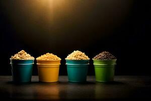 fyra färgrik koppar med annorlunda typer av mat. ai-genererad foto