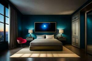 en sovrum med blå väggar och en stor målning. ai-genererad foto