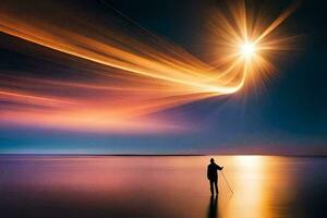 en man stående på de strand med en lång linje av ljus kommande från de himmel. ai-genererad foto