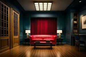 en röd läder soffa sitter i en rum med blå väggar. ai-genererad foto